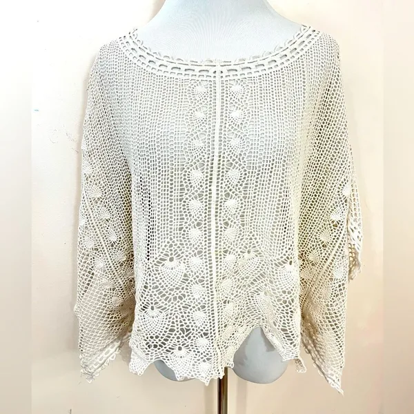 Anthropologie Sparrow Cream Summer Scalloped Crochet Poncho Top XS - Image 2