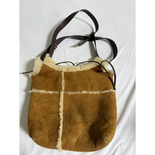 UGG Australia Chestnut Suede Shearling Trim Crossbody Hobo Bag Brown Leather - Image 2