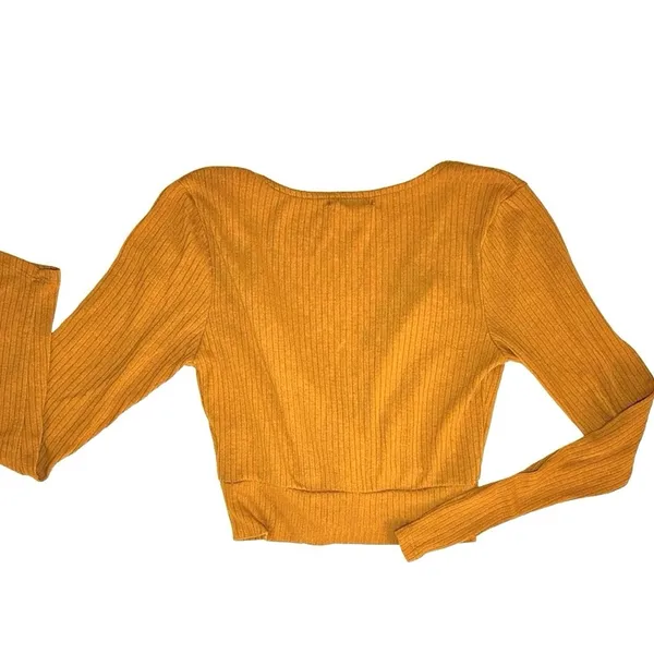 Active USA Ribbed Mustard Wrap Front Soft Crop Top Mustard Y2K Long Sleeve Small - Image 2