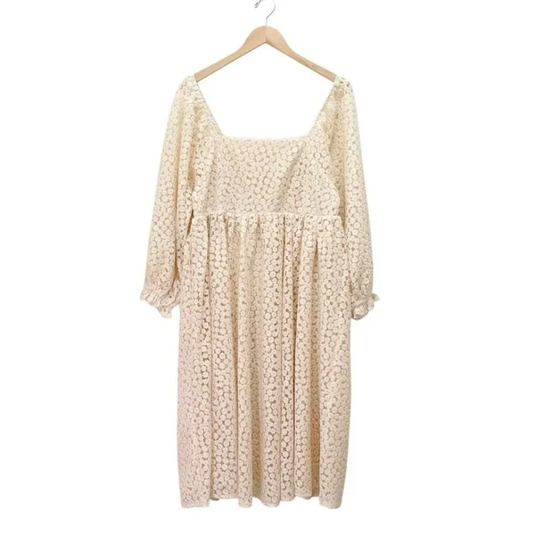 Storia Floral Lace Midi Dress Cream Long Sleeve Square Neck Fit Flare Medium - Image 2