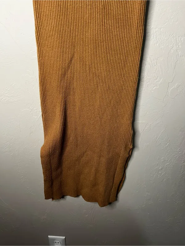 M Magaschoni Camel‎ Ribbed Knit Mock Neck Side Slit Midi Sweater Dress - Image 3