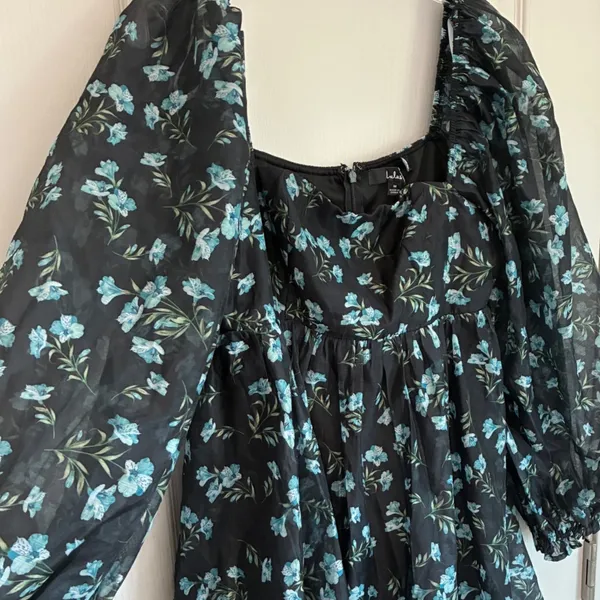 Lulus Black Blue Floral Puff Sleeve Square Neck Babydoll Mini Dress Medium‎ - Image 14