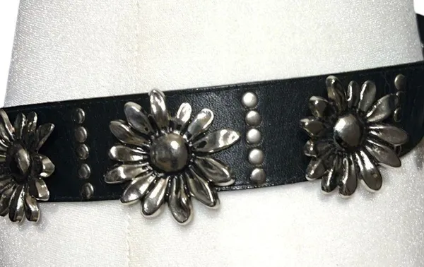Cute black belt with silver studded detailing, cute silver metal flowers too - Image 3