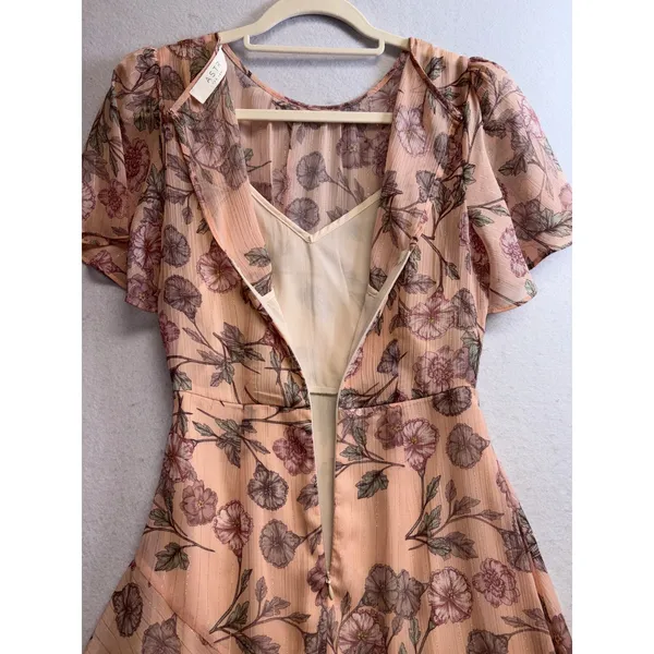 ASTR The Label Peach Floral Flutter Sleeve Metallic Stripe Midi Dress XS Womens - Image 8