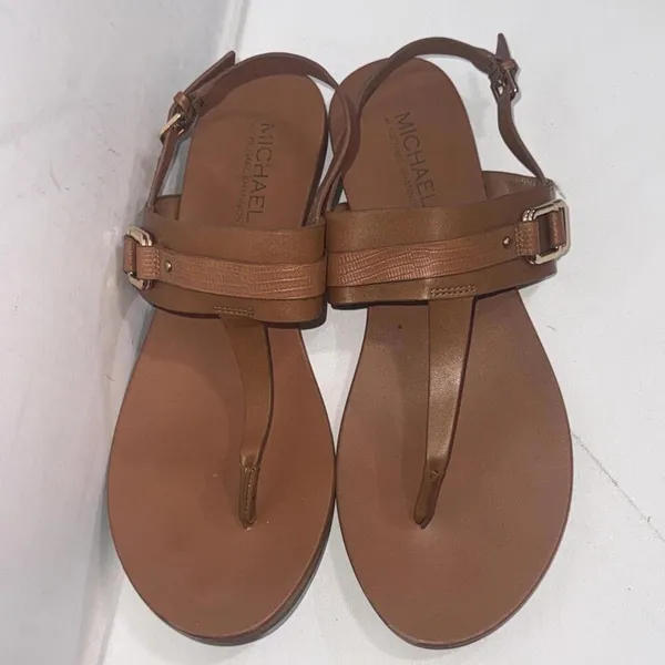 MICHAEL KORS Thong Sandals Brown Faux Leather Slingback Designer Shoes Sz 10‎ M - Image 7