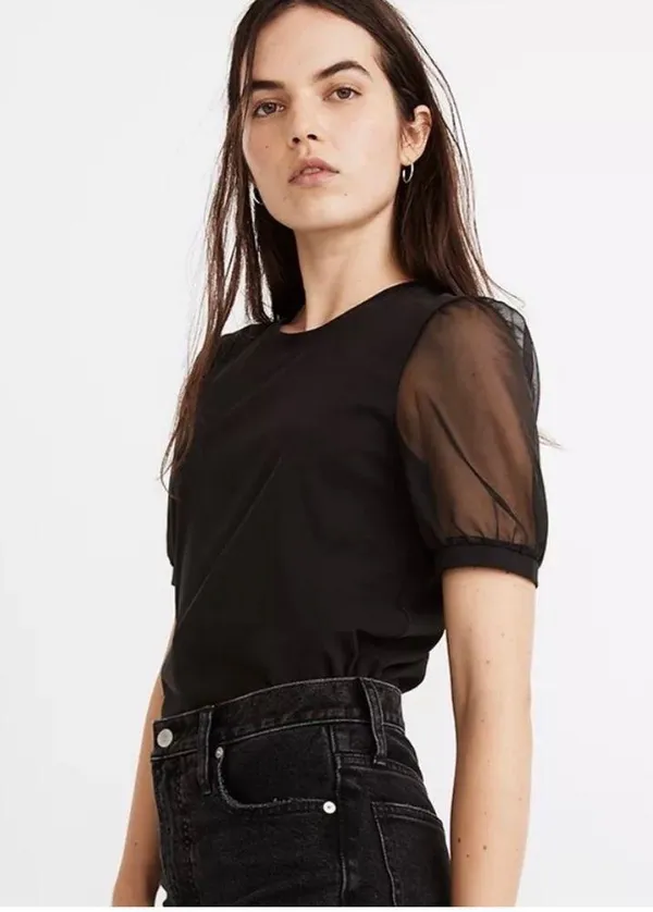 Madewell Black Sheer Sleeve Knit Top Size Medium - Image 2