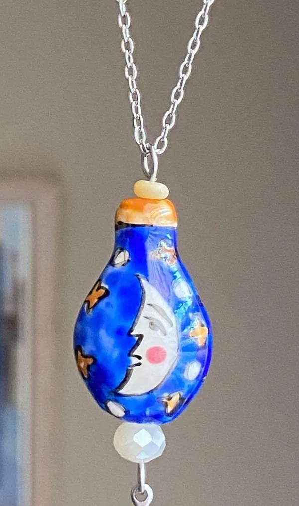 Handmade ceramic moon & star whimsical fairy boho funky vintage style necklace🌟🌛🧡 - Image 3
