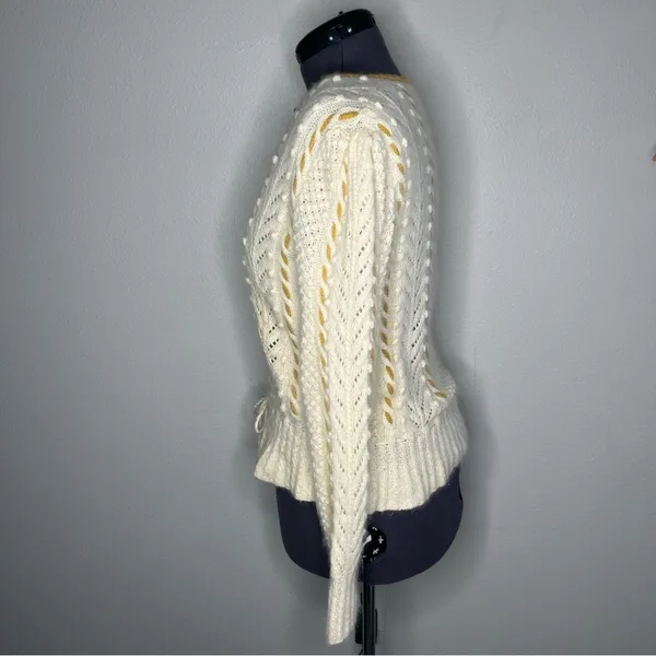 Hand Knit Cream Cable Knit Textured Cinched Waist Button Front Cardigan - Image 2