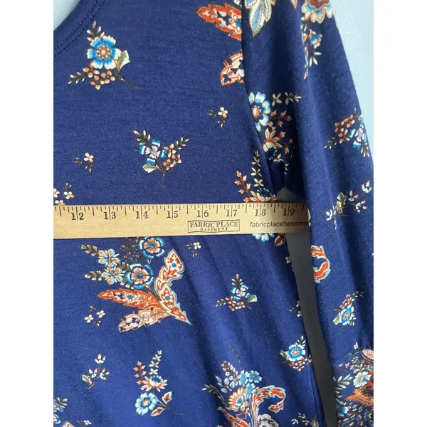 Angie Navy Blue Floral Bell Sleeve Tunic Dress Small Boho Ruffle Scoop Back - Image 5
