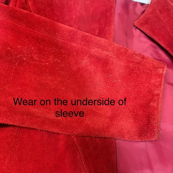 VTG 80s Suede Leather Jacket M Red Open Front Pleated Shoulder Bold Chic Casual - Image 11