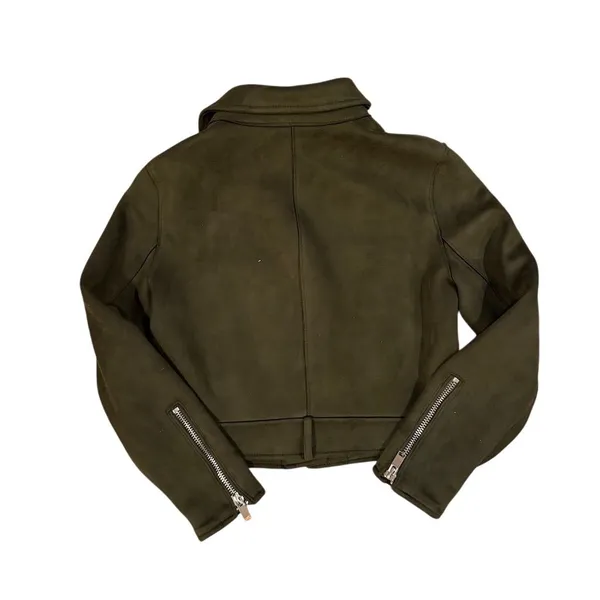Zara Women's Olive Green Faux Suede Biker Jacket Size M - Image 7