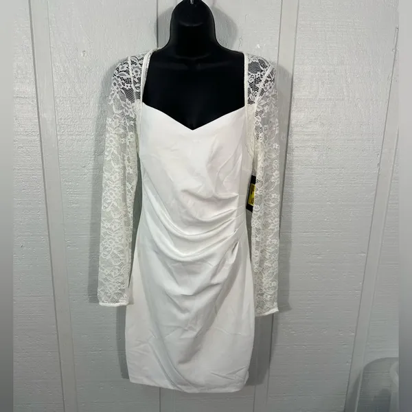 Guess Women’s White Bodycon Dress with Lace Sleeves Size 8 NWT - Image 2