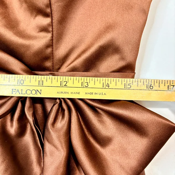 Miss Veil Satin Tea Length Dress Bow Detail Double V Neck Formal Brown Small NWT - Image 6