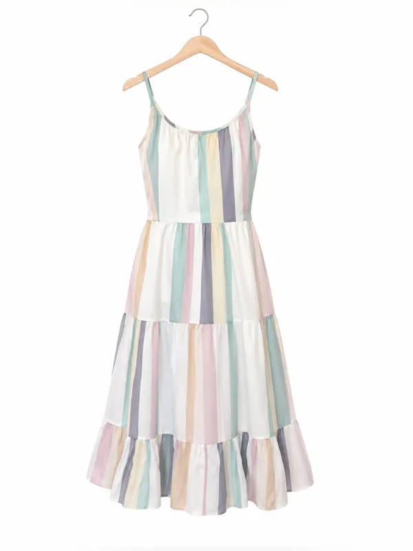 NWT Japna Pastel Stripe Tiered Midi Sundress Open Back Tie Bow Cami Boho S vacay - Image 3