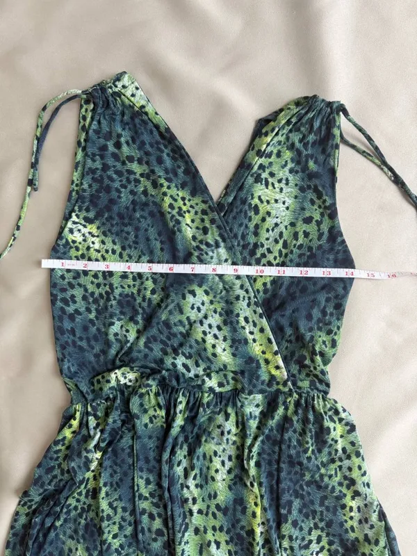 Zinzane Green Animal Print Maxi Dress Size S Deep V Tie Shoulder Resort - Image 12