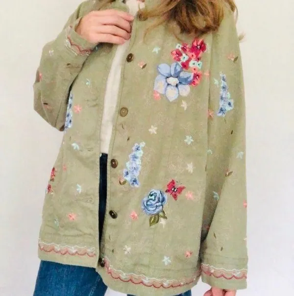 Denim & Co Vintage Floral Olive Jacket Button Up Flowers Butterflies Green Pockets - Image 11