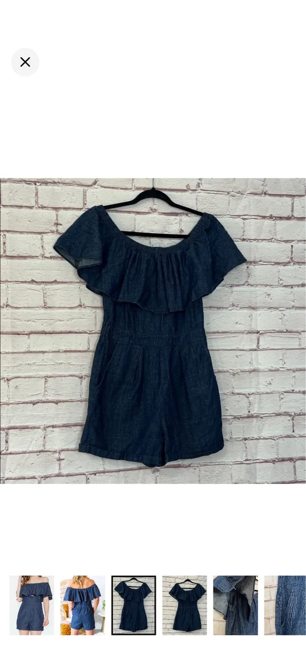 Storee Dark Chambray Off Shoulder Shorts Romper 100% Cotton Navy Small. Like new. Stretchy band around upper arms. Zipper on side. No stretch in body but stretchy waist. Pockets. 14” bust 21” rise 3” inseam - Image 3