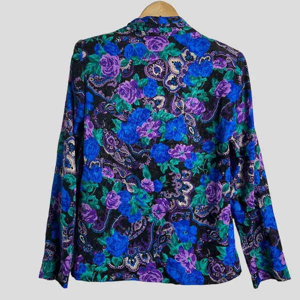 Vintage Wilroy Rare Purple Blue Floral Paisley Satin Long Sleeve Blouse Size 10 - Image 4