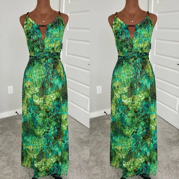 90s Vintage Sheri Martin‎ New York Green Tropical Print Chiffon Maxi Dress 10 - Image 3