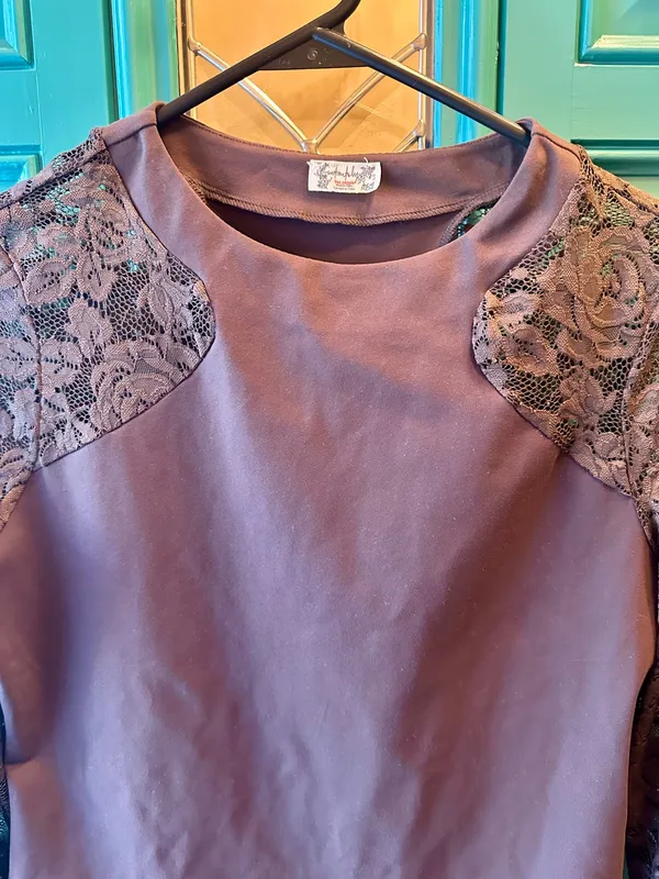 Free People No Excuses Lace Sleeve Top Hot Fudge Brown Sheer Knit Shirt Size L - Image 3