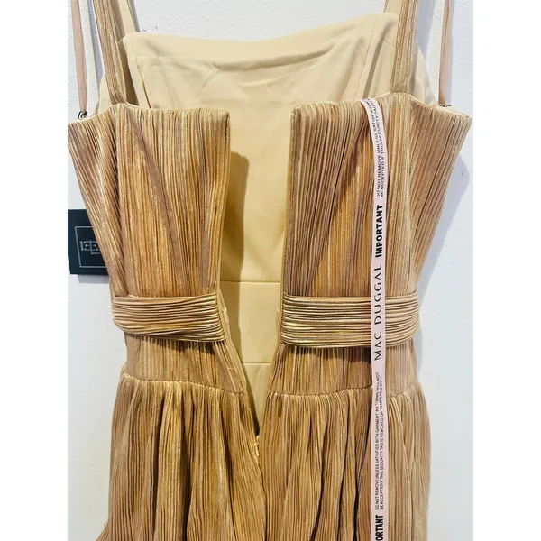 MAC DUGGAL Gold Metallic Plissé Square Neck Pleated Ruffle Belt Detail Dress 8 - Image 14
