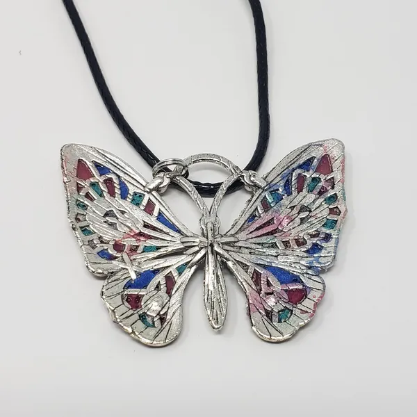 Butterfly Pendant w/ Pink, Blue, Teal Green & Silvery White Resin Necklace - Image 7