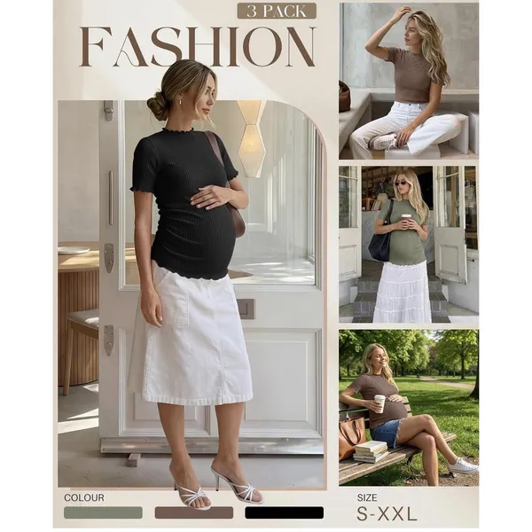 3 Pack Women's Ribbed Maternity Tops Short Sleeve, Ribbed Knit M - Image 4