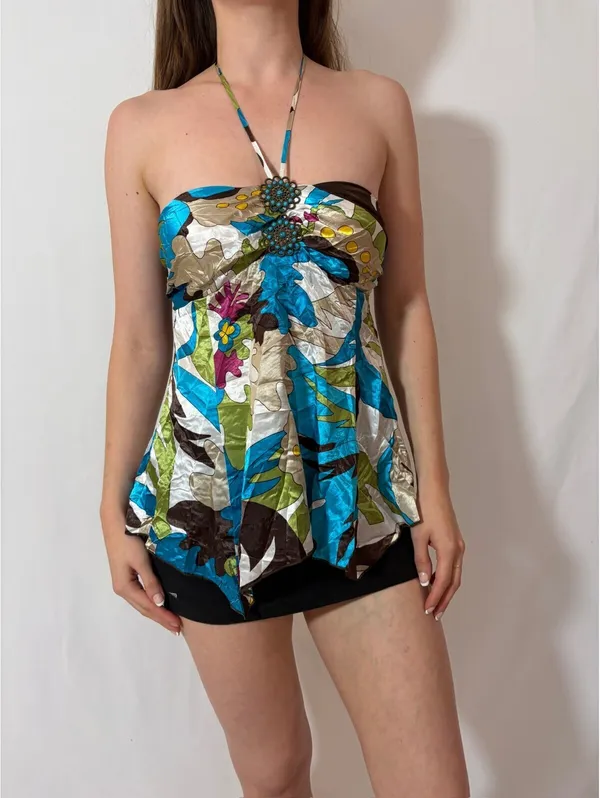 Y2K Silky Colorful Graphic Paisley Halter Top - Image 5