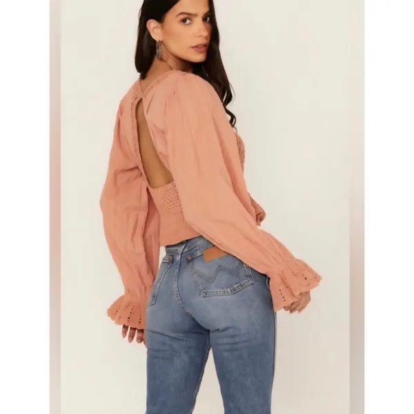 Free People Megan Crochet Peplum Blouse Open Back Boho Top Terracotta Gauze S - Image 2