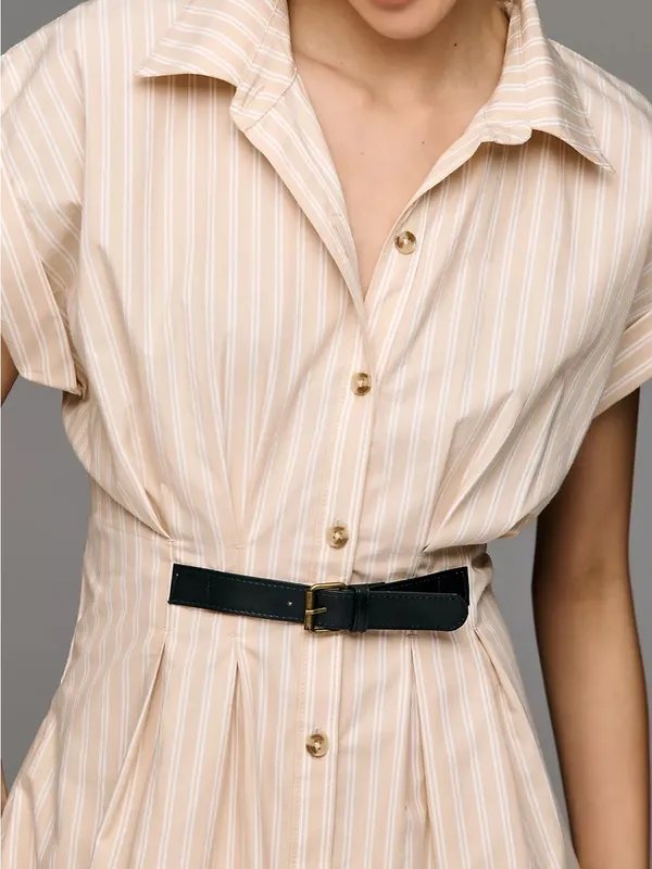 Anthropologie Maeve Faye Shirtdress Womens M Honey Tan Striped Belted Mini - Image 2