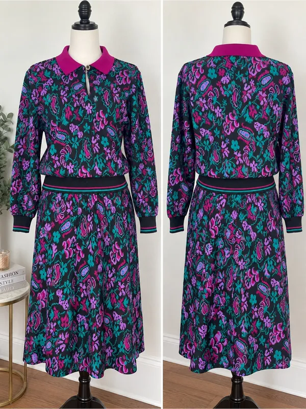Vintage 80s Cricket Lane Floral Knit Skirt Set M S USA - Image 8