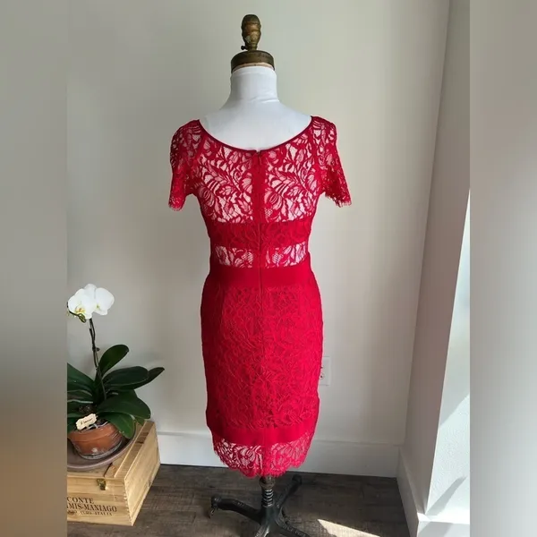 Nicole Miller Red Short Sleeve Combo Dress Midi Lace Illusion Size 0 - Image 4