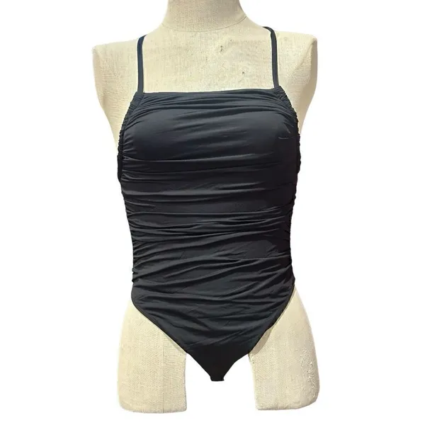 Solid Black Ruched Square Neck Cheeky One-Piece Swimsuit Size Medium - Image 5