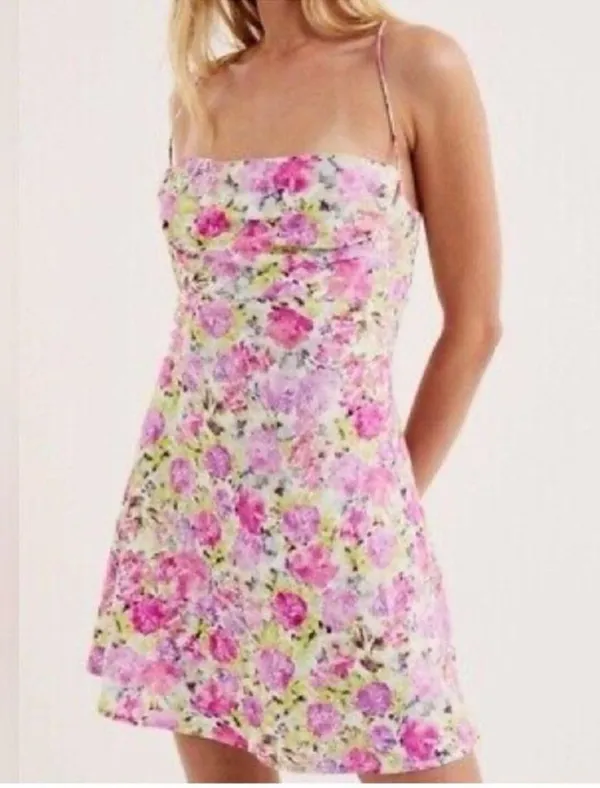 For Love And Lemons Paulina Rose Pink / Green Floral Mini Dress NWT Crossback M - Image 4