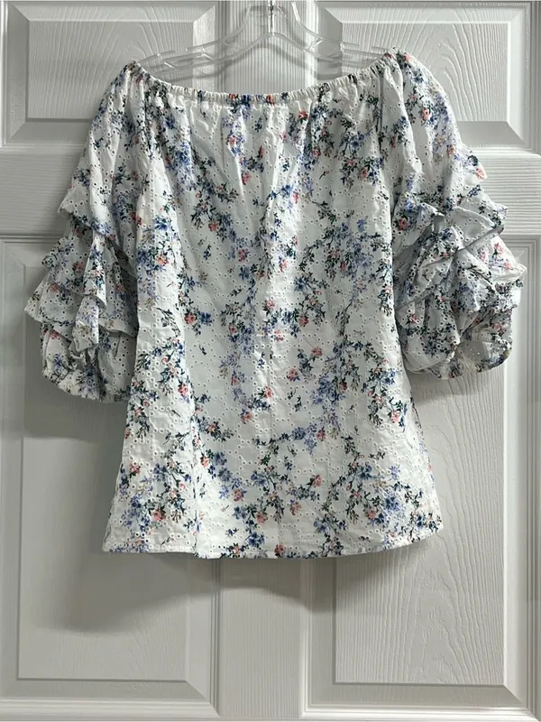 CeCe White Floral Eyelet Off Shoulder Ruffle Puff Sleeve Blouse - Medium - EUC - Image 2