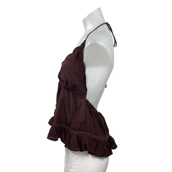 Zara Brown Sleeveless Cami Halter Embroidered Tie Front Ruffle Tank Top Size M - Image 2