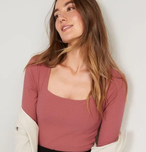 Mauve Ribbed Knit Square Neck Long Sleeve Bodysuit - Image 3