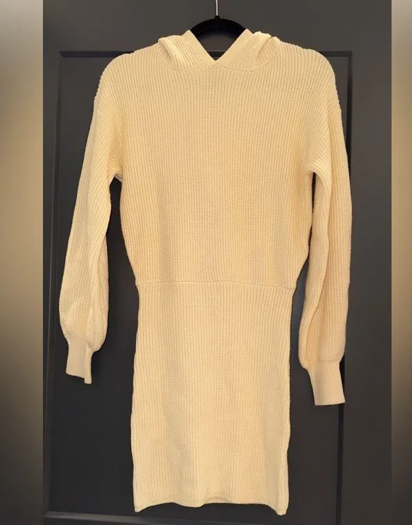 Long Sleeve Sweater Hooded Puff Sleeve Knitted Mini Dress - Image 4