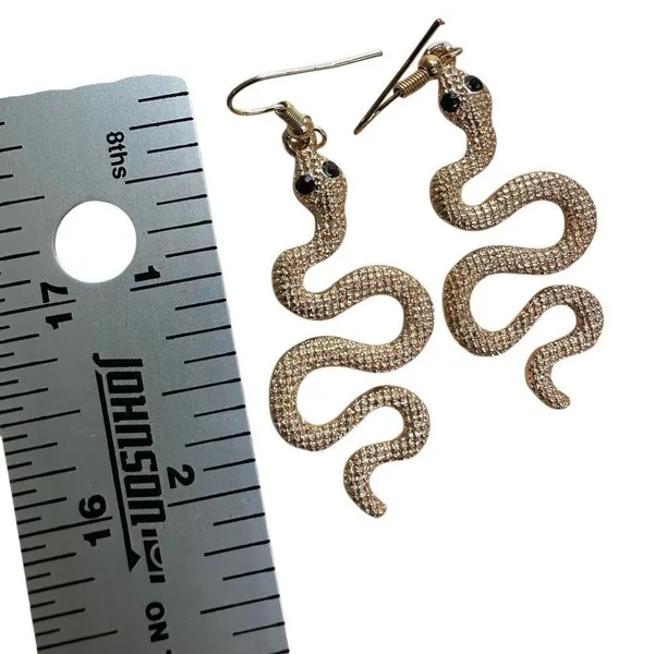 Gold Tone Snake Dangle Earrings with Black Eyes - Image 5