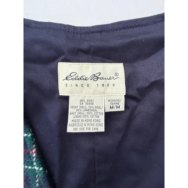 Eddie Bauer Womens Vintage Navy, Green Wool Plaid Button Down Vest M - Image 3