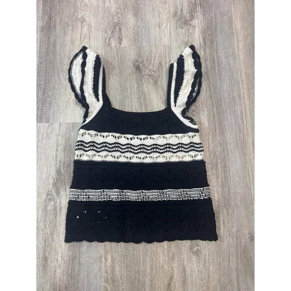 Loft Crochet Knit Ruffle Sleeve Striped Tank Black White Square‎ Neck Size Small - Image 2