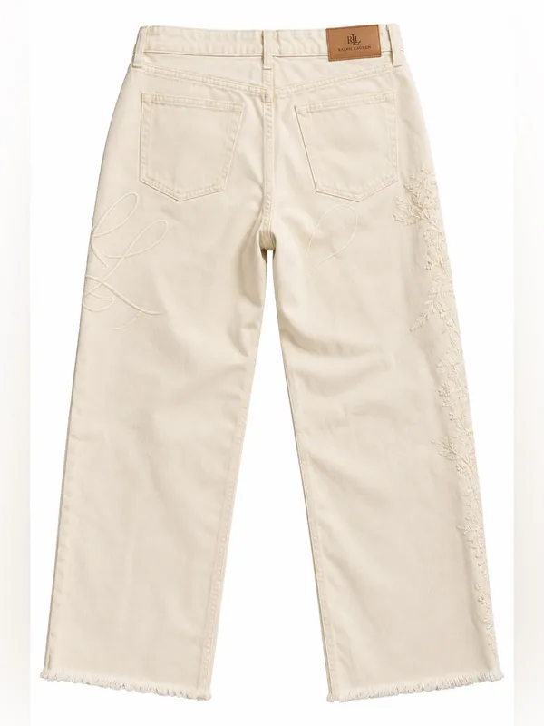 Lauren Ralph Lauren Wide Leg Jeans Womens 6 Ivory NWT Floral Beaded High Rise - Image 2