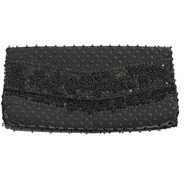Vtg‎ Black Beaded Satin Evening Clutch Micro Bead Flowers Snap Close Hong Kong - Image 3