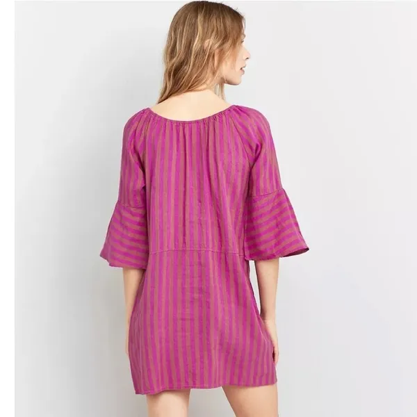 Free People Folk Town Linen Blend Purple‎ & Tan Striped Mini Dress Size S - Image 2