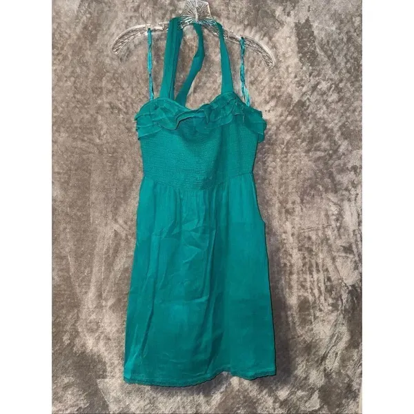 Maeve 100% Cotton Turquoise Ruffle Halter Smocked Dress Medium #784 - Image 2