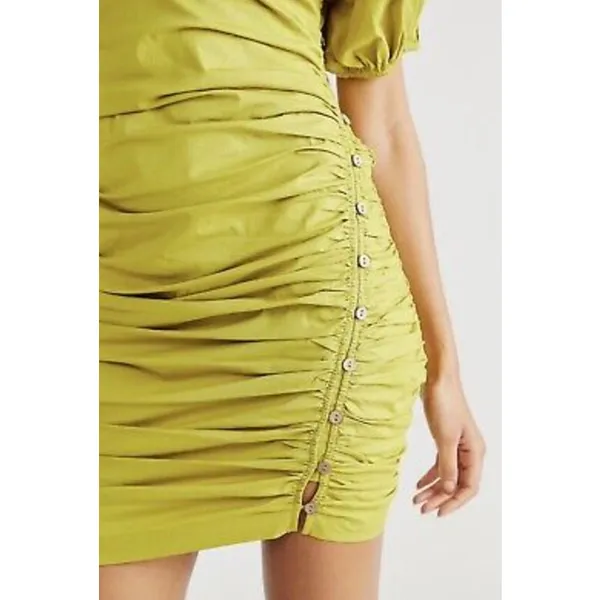 Free People Tastemaker Mini Dress Cotton Ruched Pleated Puff Sleeve Green XS - Image 3