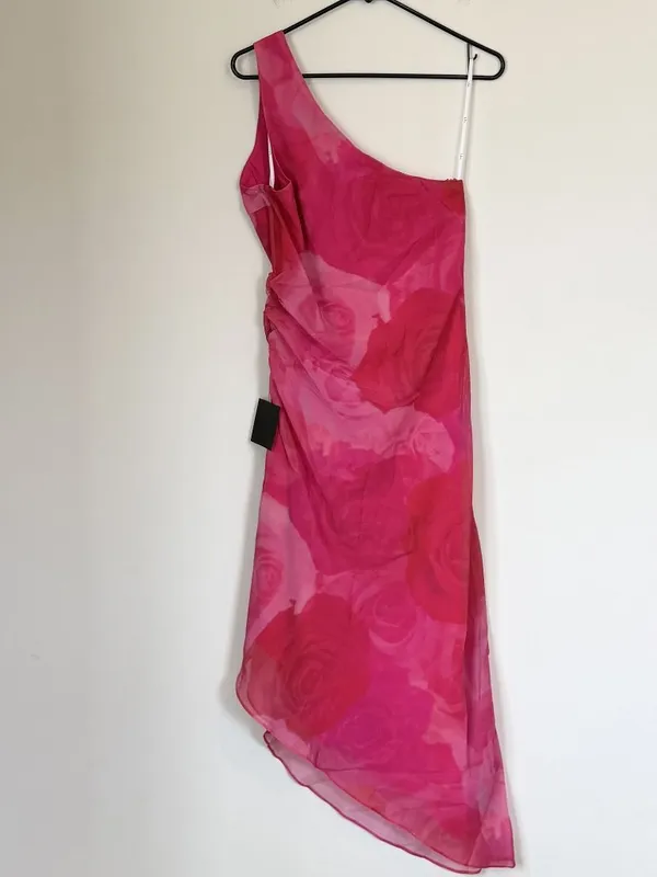 NWT Lulus Pretty Serene Pink Floral One Shoulder Asymmetrical Midi Dress - Med - Image 6