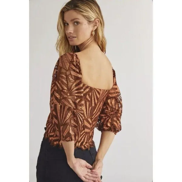 Anthropologie NWT Women XS Brown Metallic Geometric Print Blouse Glam Party Chic - Image 3
