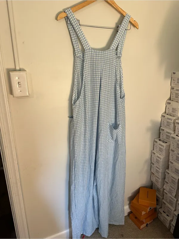 NWOT Halara Plaid Casual Linen-Feel Overalls with Pockets gingham blue white xl - Image 4