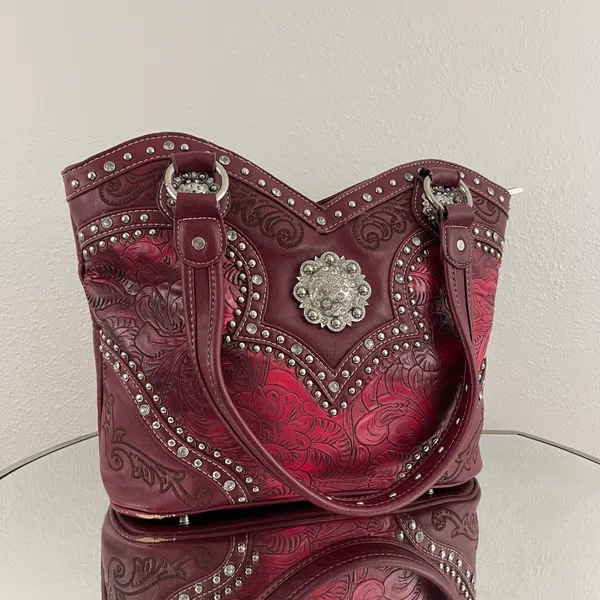 Y2K Red Burgundy Faux Tooled Leather Western Studded Shoulder Bag - Image 2